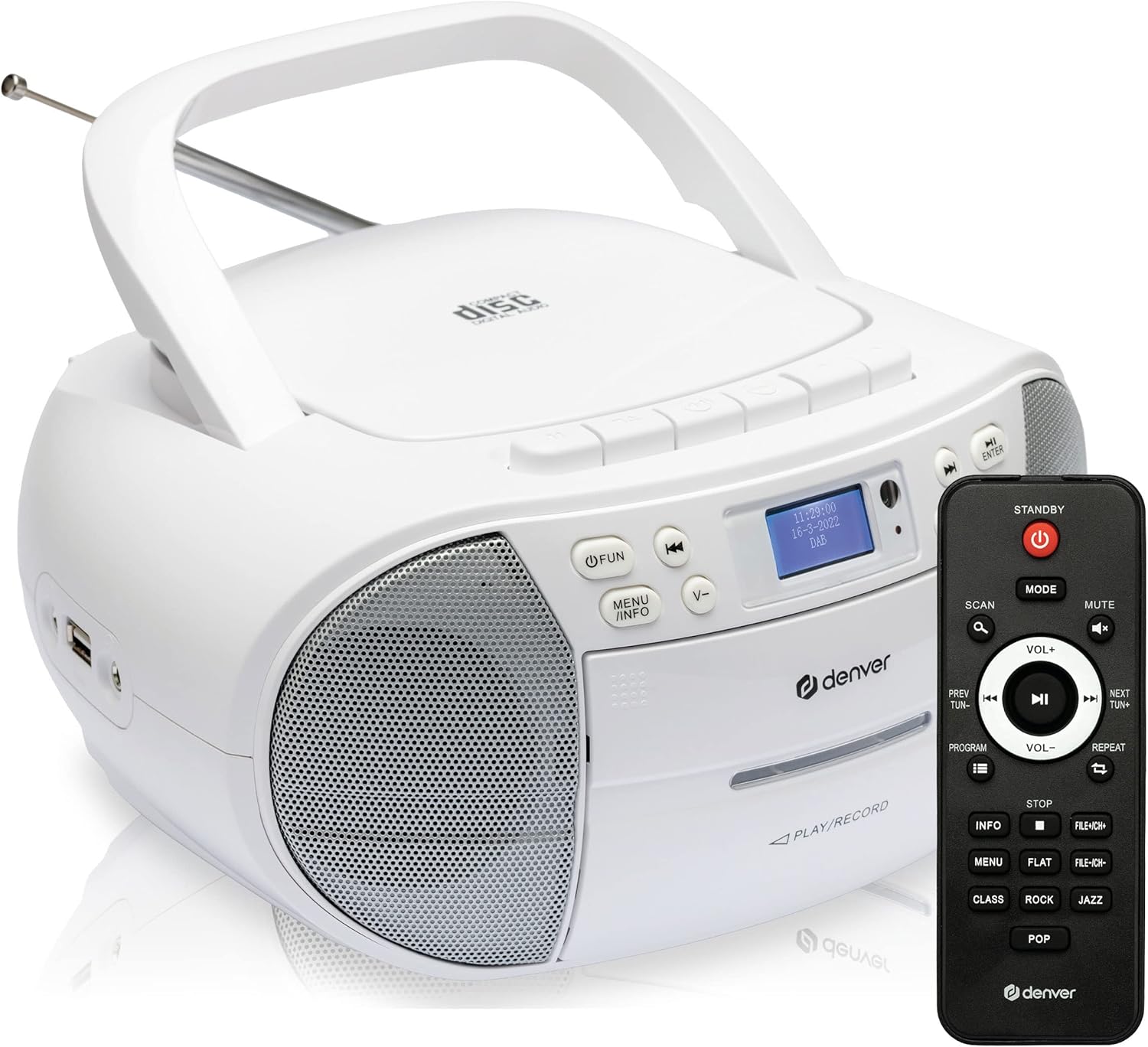 Denver Portable Radio CD Tape Cassette Player With DAB Radio – Mains or Battery Power - TDC-280 | White