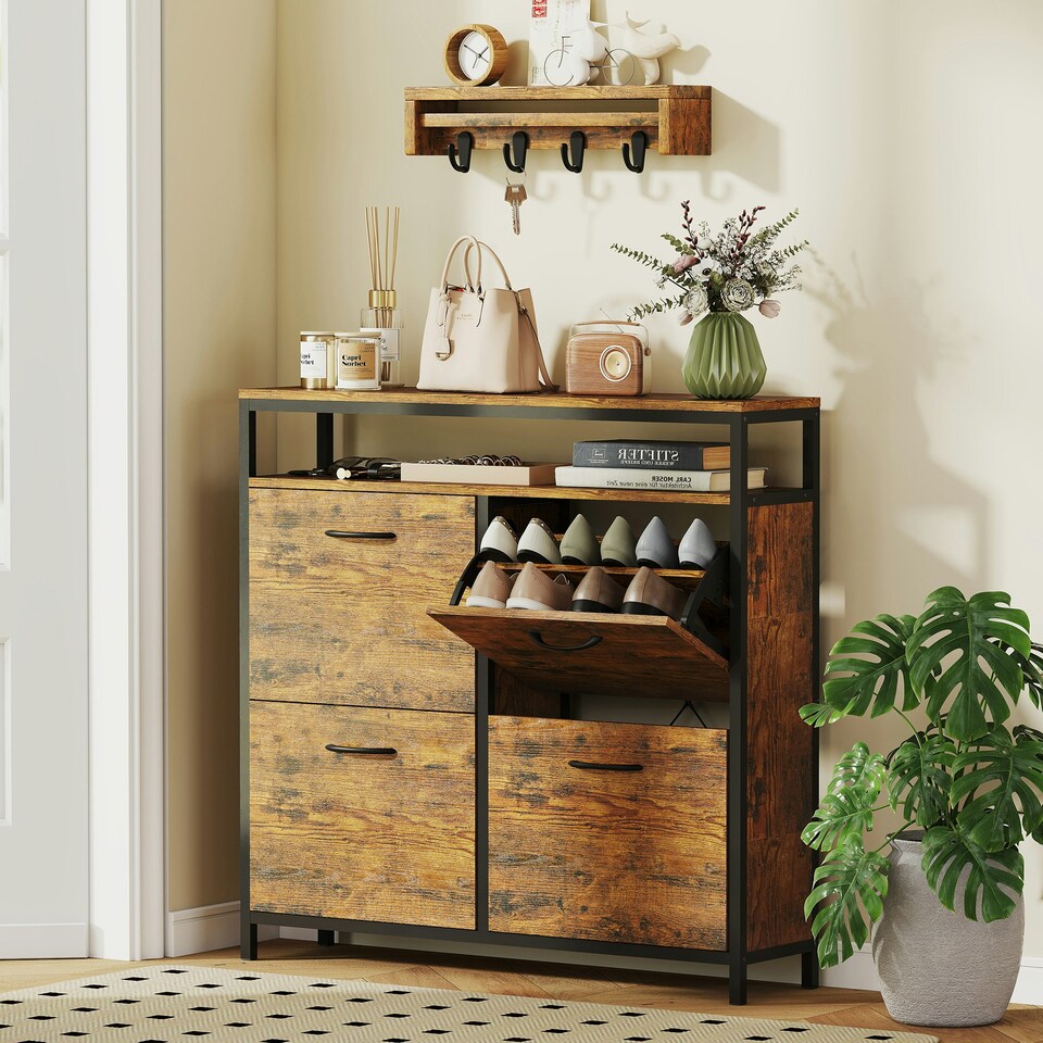 image 1 of HOMCOM Shoe Cabinet with 4 Flip Drawers, Holds 12-20 Pairs Brown | 98W x 24D x 95H cm
