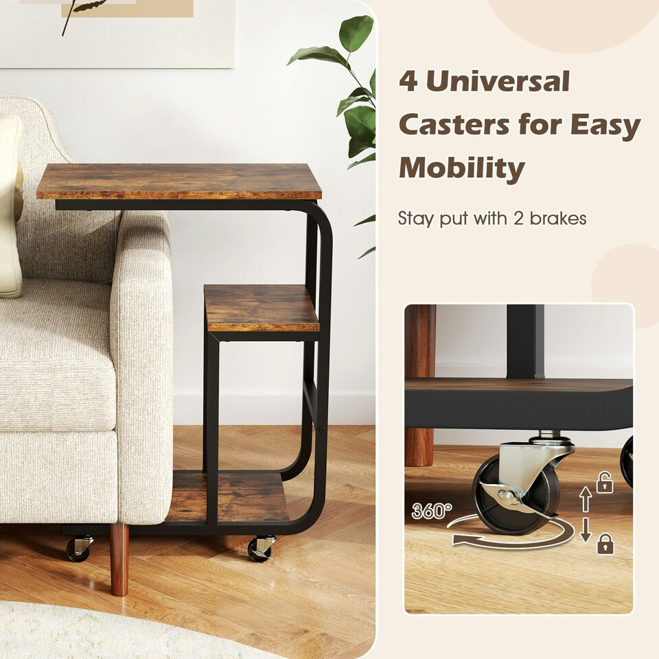 image 1 of COSTWAY Set of 2 C-shaped End Table Couch Table w/Shelves Brown