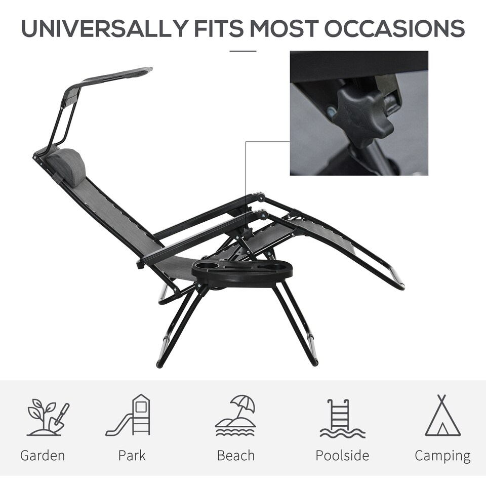image 1 of Outsunny Foldable Reclining Garden Chair with Headrest, Zero Gravity Deck Sun Lounger Seat Chair with Footrest, Armrest, Cup Holder & Canopy Shade, Light Grey