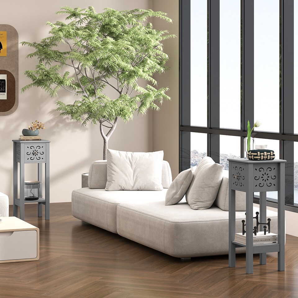 image 1 of HOMCOM Side Table Set of 2, Bedside Table Set with Drawer and Storage Shelf, End Table Set with Elegant Flower-Shaped Design for Living Room Bedroom, Grey | Grey