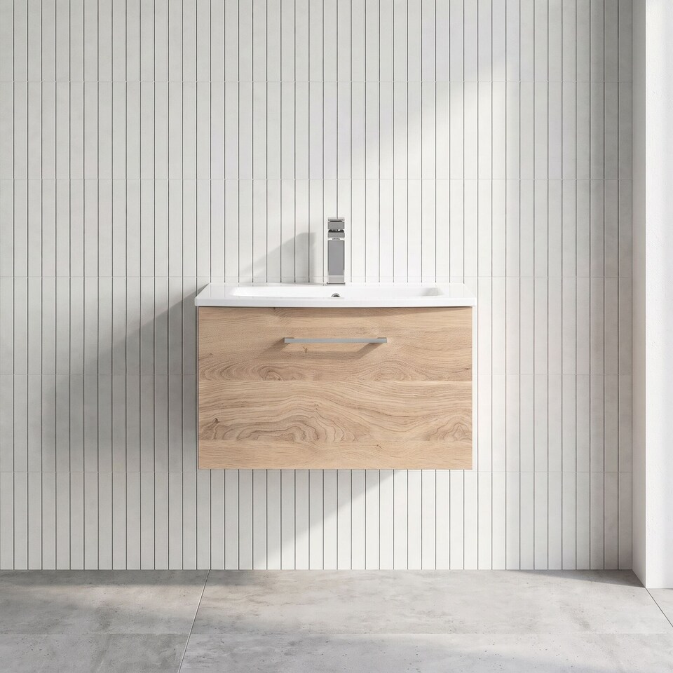 image 1 of Balterley Modern Bathroom Wall Hung 1-Drawer Vanity & Basin | Brown | Bleached Oak | 389 x 610 x 440mm