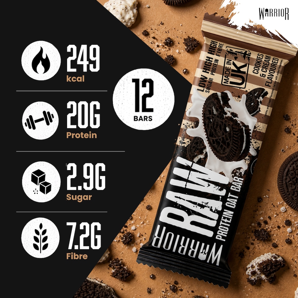 image 1 of Warrior RAW Protein Bars 12 x 75g – 20g High Protein Bar, Low Sugar High Fibre Oat Protein Flapjack – Protein Snacks, Meal Replacement Bars (Cookies & Cream)