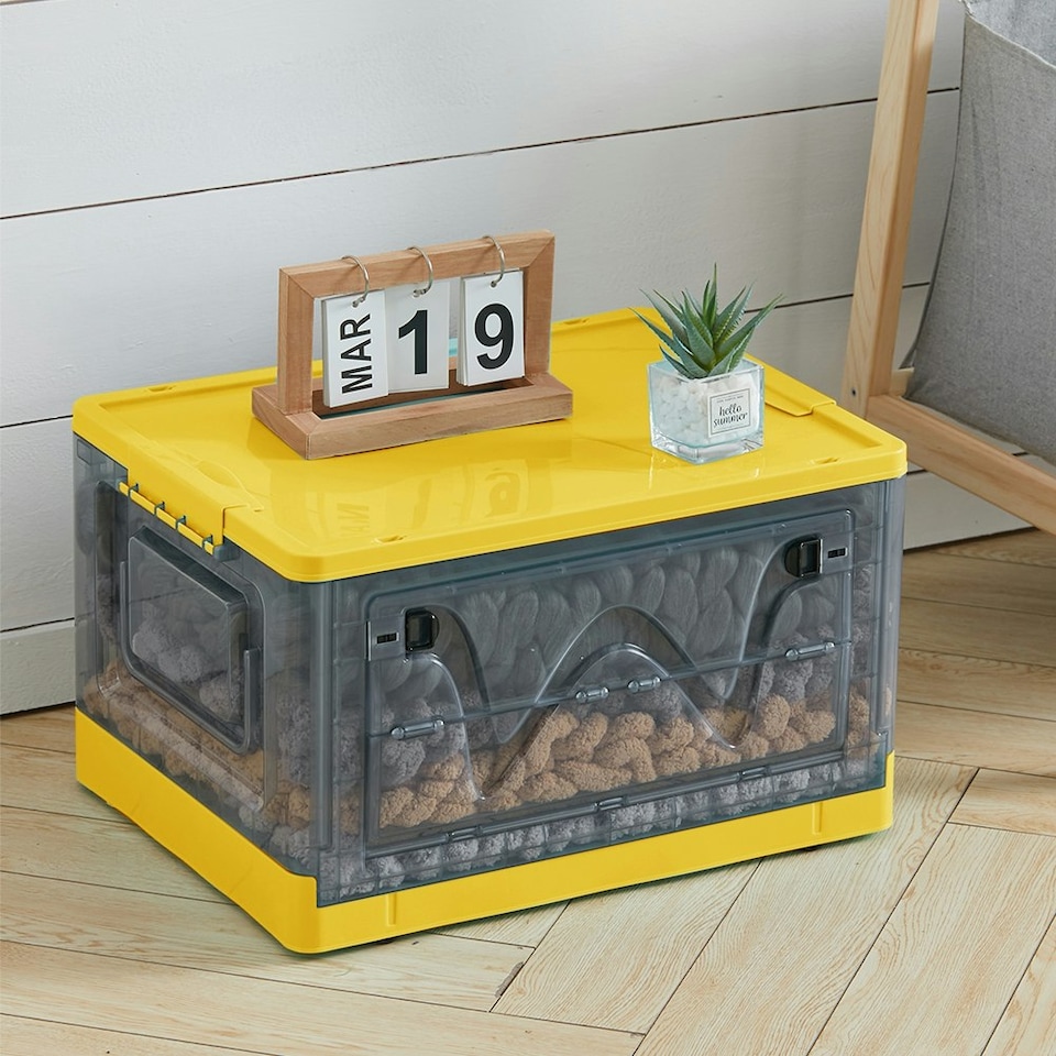image 1 of Living and Home Transparent Folding Storage Box with Wheels, Yellow Yellow