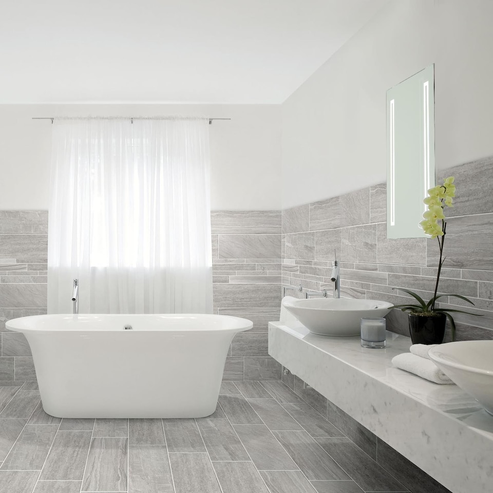 image 1 of Battery Operated Illuminated Bathroom 600mm Strip Rectangular Mirror | Clear | Mirrored glass | 1