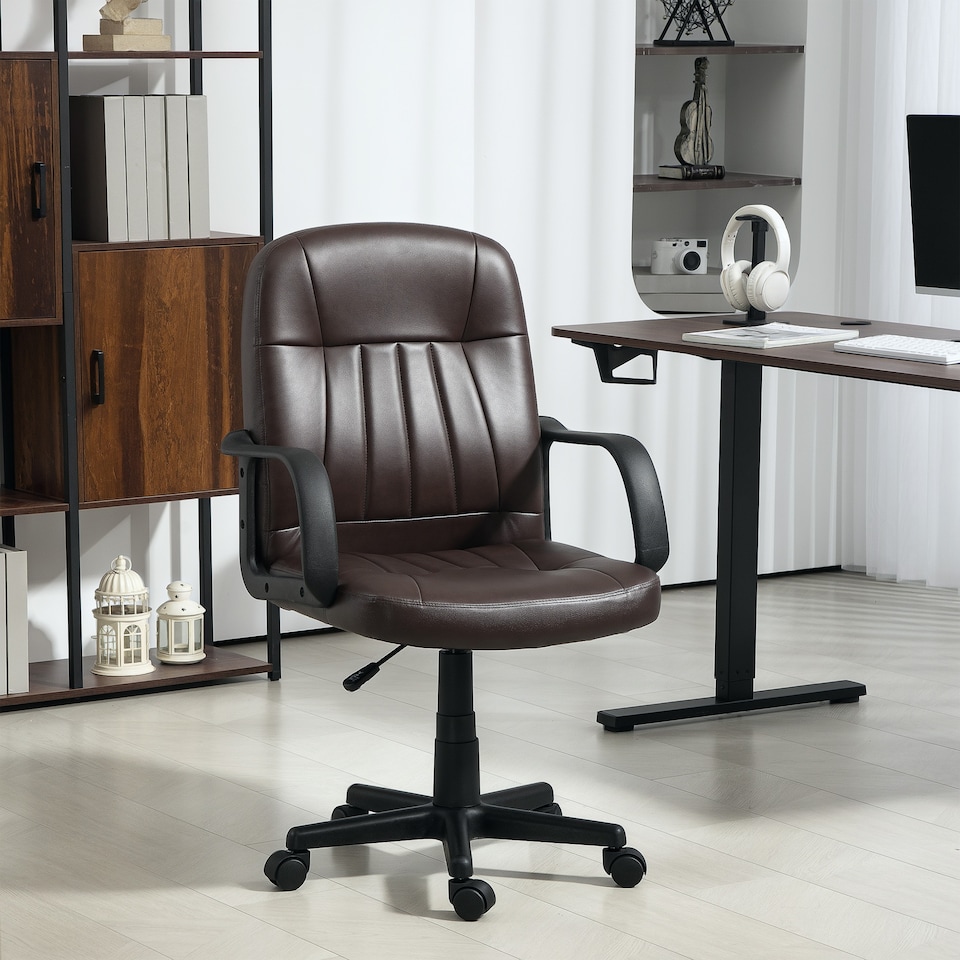 image 1 of HOMCOM Desk Chair, PU Leather Computer Office Chair with Adjustable Height, Swivel Wheels for Home Work Study, Dark Brown
