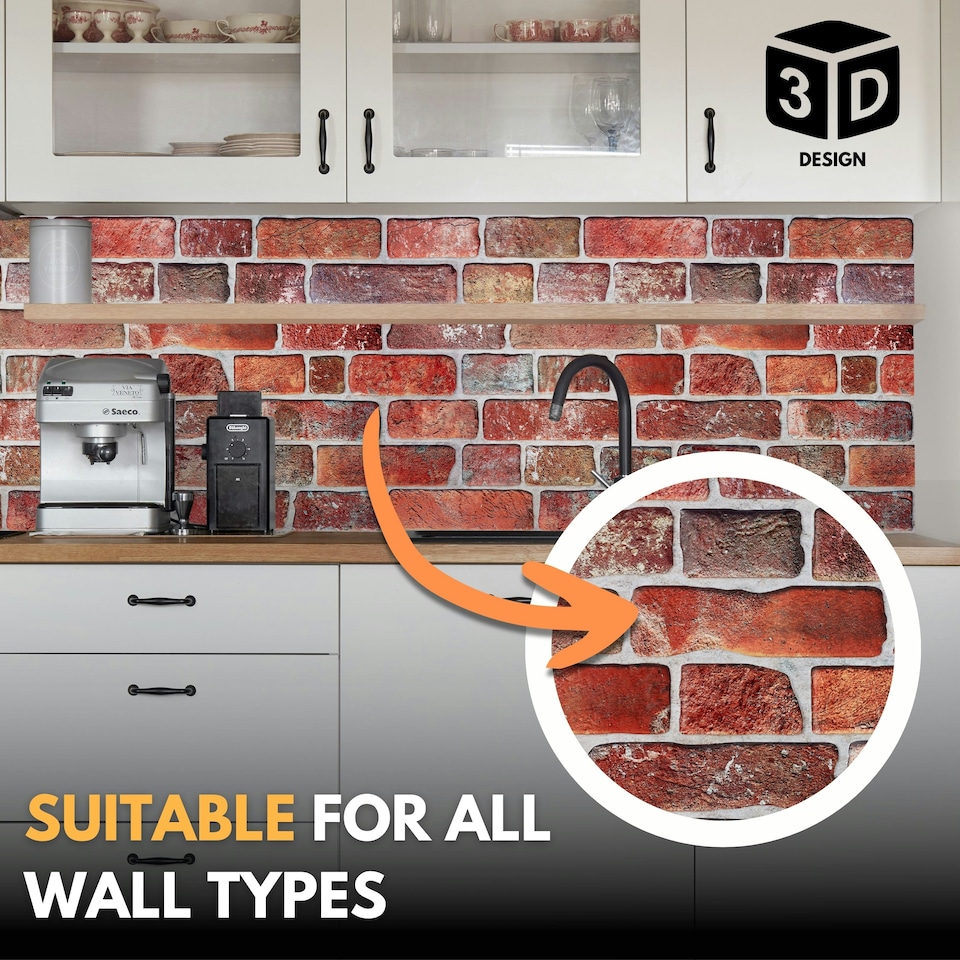 image 1 of NOVECRAFTO 3D Retro Brick Wall Panels – 6 Sheets, Covers 2.76 sqm (29.76 sq ft), 96x48cm – Old Red Brick Effect PVC Cladding for Kitchen, Office, Living Room