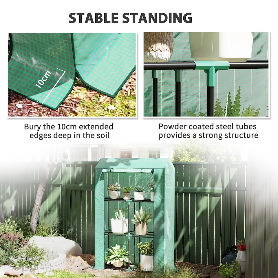 image 1 of Outsunny 3 Tier Mini Greenhouse with PE Cover, Roll-Up Door, Green