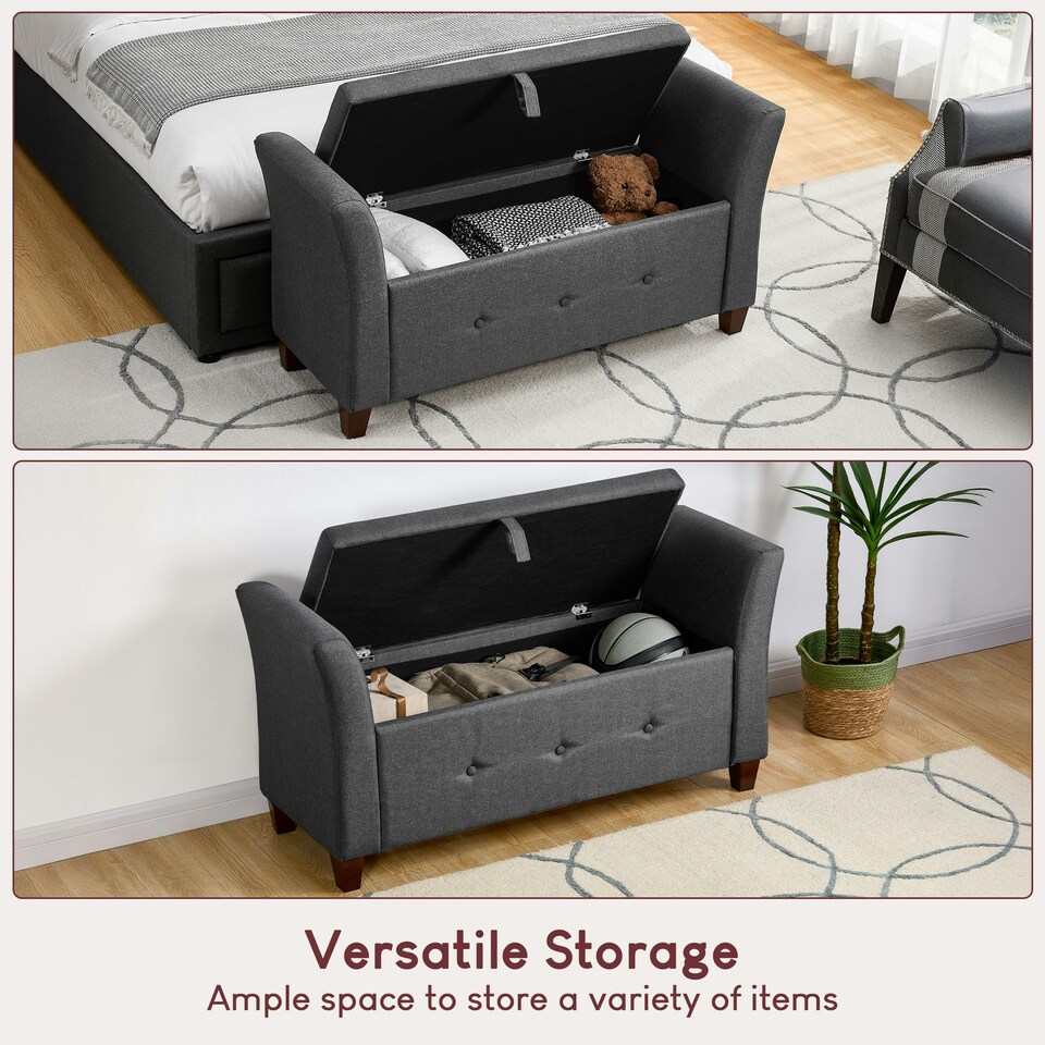 image 1 of Vida Designs Seville Storage Ottoman Bedroom Hallway Chest Bench, Dark Grey Linen Grey | Dark Grey Linen