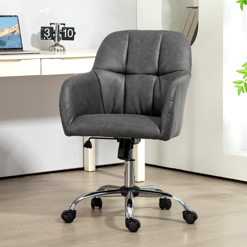 image 1 of HOMCOM Computer Desk Chair, PU Leather Swivel Office Chair, Makeup Vanity Chair with Height Adjustable, Wheels, for Home Study Bedroom, Grey