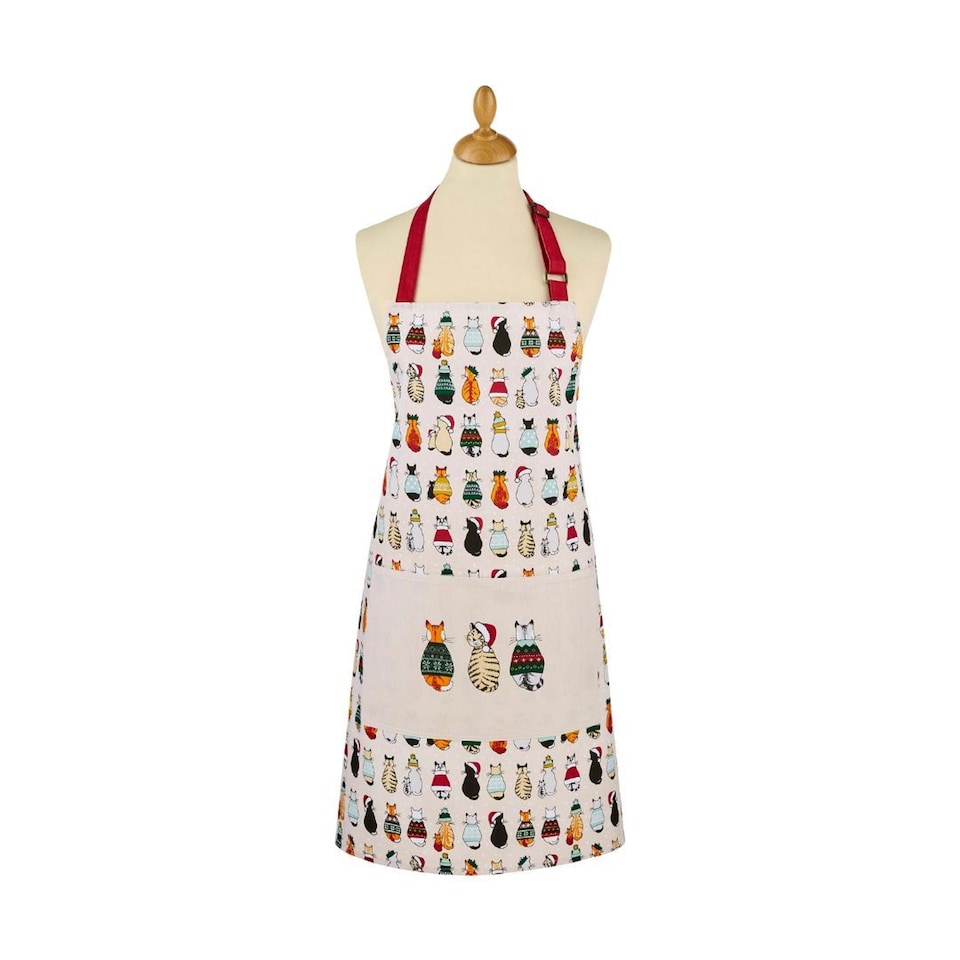 image 1 of Ulster Weavers Christmas Cats in Waiting Apron - Cotton Red/Cream