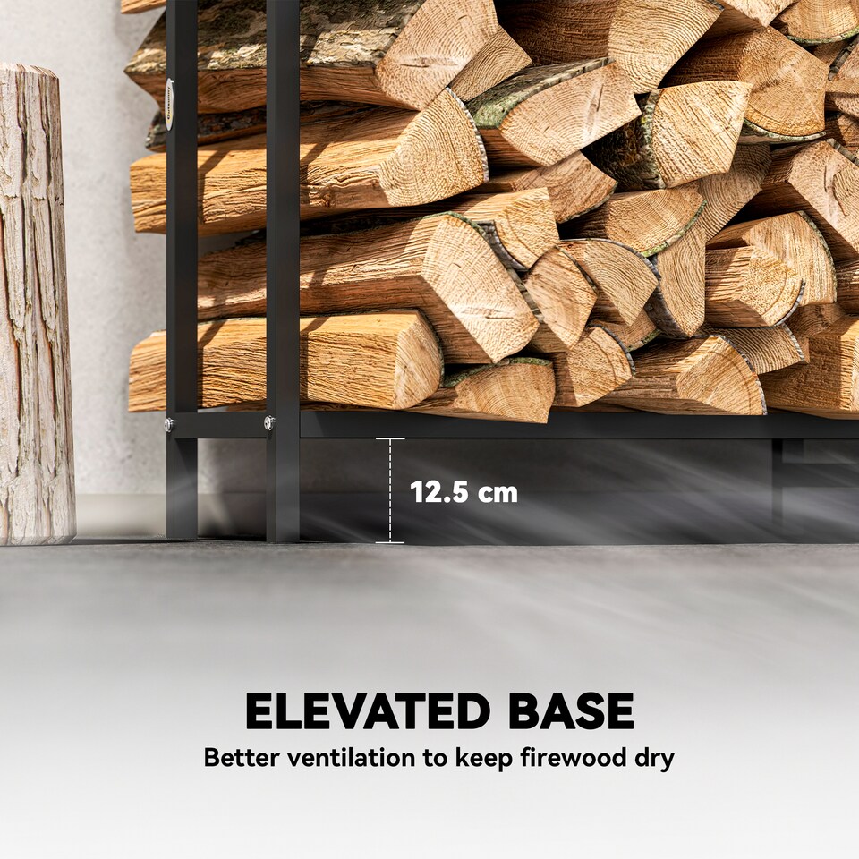 image 1 of Outsunny 6.5 FT Steel Firewood Log Rack with 300 kg Capacity, Heavy Duty Indoor Outdoor Fireplace Wood Storage Shelf, Log Holder/Stand with Extra Support Legs, Decorative Bonfire Pattern, Black