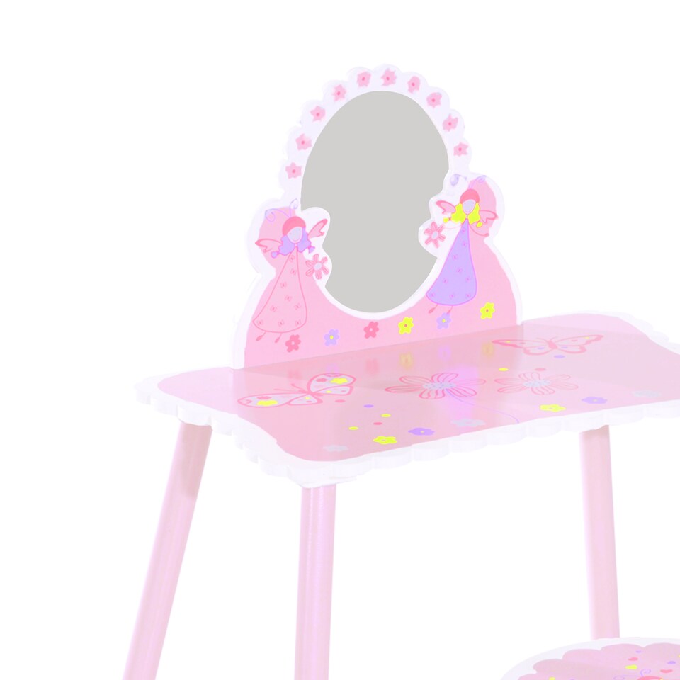 image 1 of HOMCOM Kids Dressing Table Girls Pink Wooden Kids Dressing Table & Stool Make Up Desk Chair Toys Fairy Dresser Play Set w Mirror