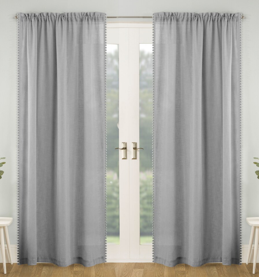 image 1 of Pair of Tahiti Grey Pom-Pom Trim Linen Look Voile Panels with Rod Pocket Header 122 CMS