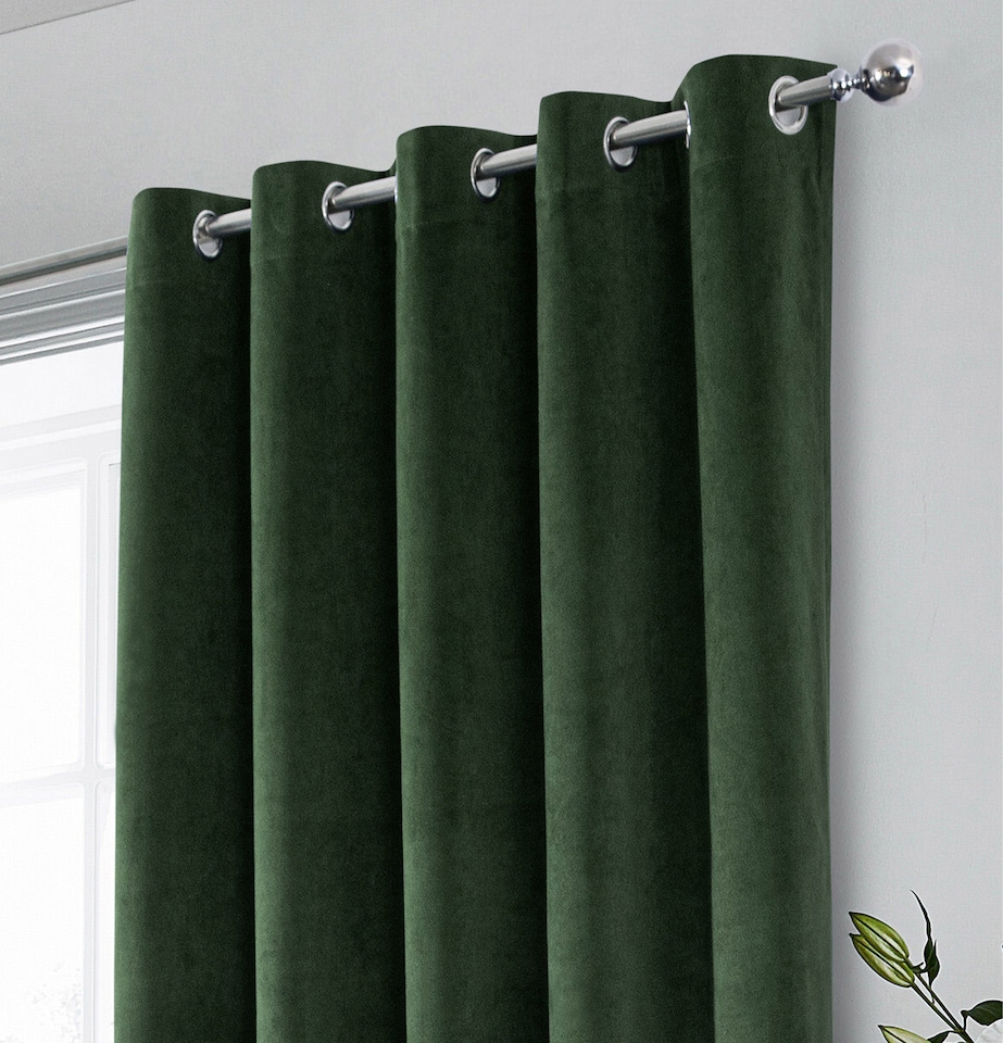 image 1 of Luxury Enhanced Living Green Velvet, Supersoft, Blackout, Thermal Pair of Curtains with Eyelet Top - 66 x 90 inch (168x229cm)