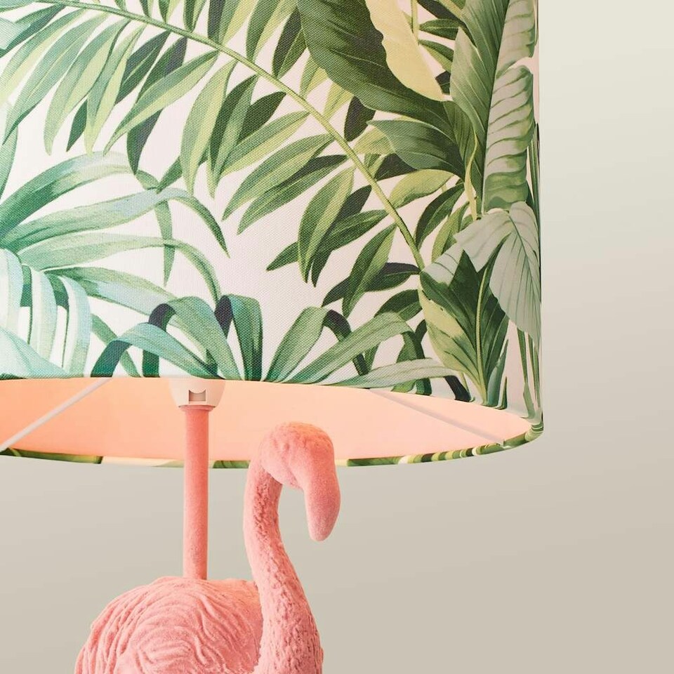 image 1 of ValueLights Pink Velvet Flamingo Bedside Table Lamp with Tropical Palm Leaf Drum Lampshade Animal Light - Bulb Included Pink