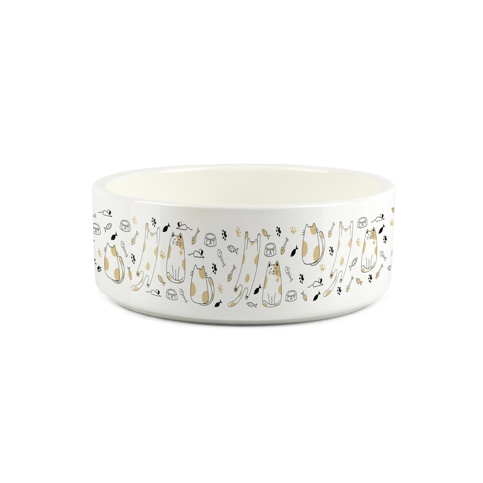 image 1 of Funky Cartoon Cats Small Ceramic Pet Bowl - White Food/Water Dish For Cats