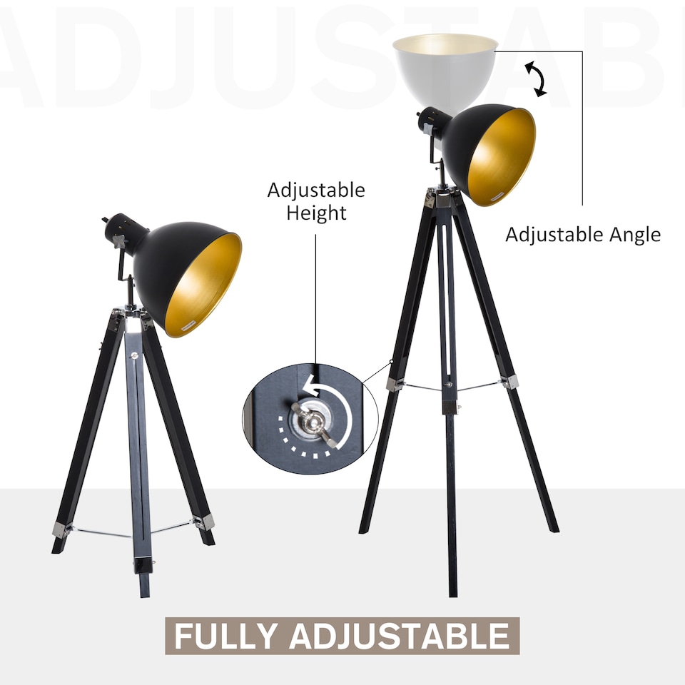 image 1 of HOMCOM Tripod Floor Lamp, Spotlight Reading Lamp w Adjustable Height, Angle, Wood Legs for Living Room, Bedroom, Home, Office, Black and Gold