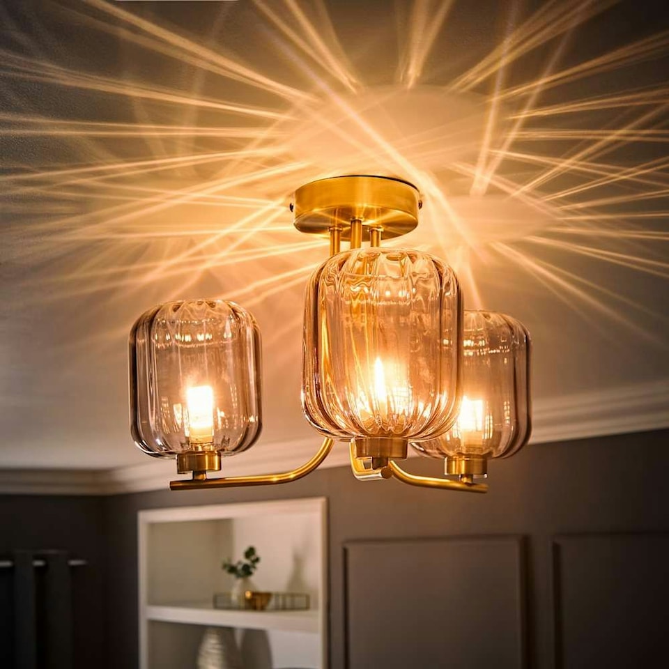 image 1 of ValueLights Amelie 3 Way Ribbed Glass Gold Ceiling Pendant Light with LED Bulbs
