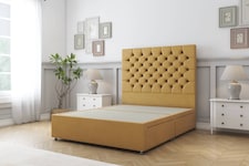 Sloomy Mayfair Mustard Plush Divan Bed Base 4 Drawers With 26 Inch Strutted Headboard | Gold | Mustard | Small Double | 1