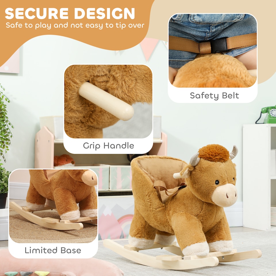 image 1 of AIYAPLAY Baby Rocking Horse with Song, Safety Belt, Wood Base for 1-3 Years