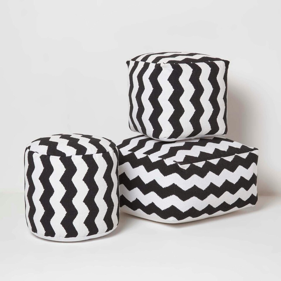 image 1 of Homescapes Circular Cube Bean Footstool with Black and White Chevron Pattern