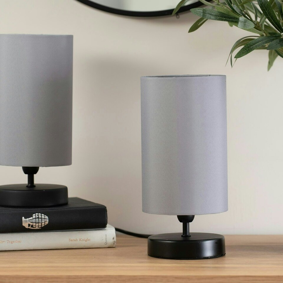 image 1 of ValueLights Pair Francis Black Touch Table Lamps Grey Shades & Bulbs Grey