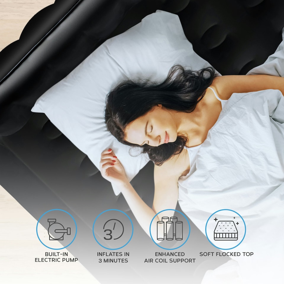 image 1 of Get Fit Air Bed With Built In Electric Pump - King Airbed Blow Up Bed With Headboard, 2 Free Inflatable Pillows - Elevated Inflatable Air Mattress - Black Mono