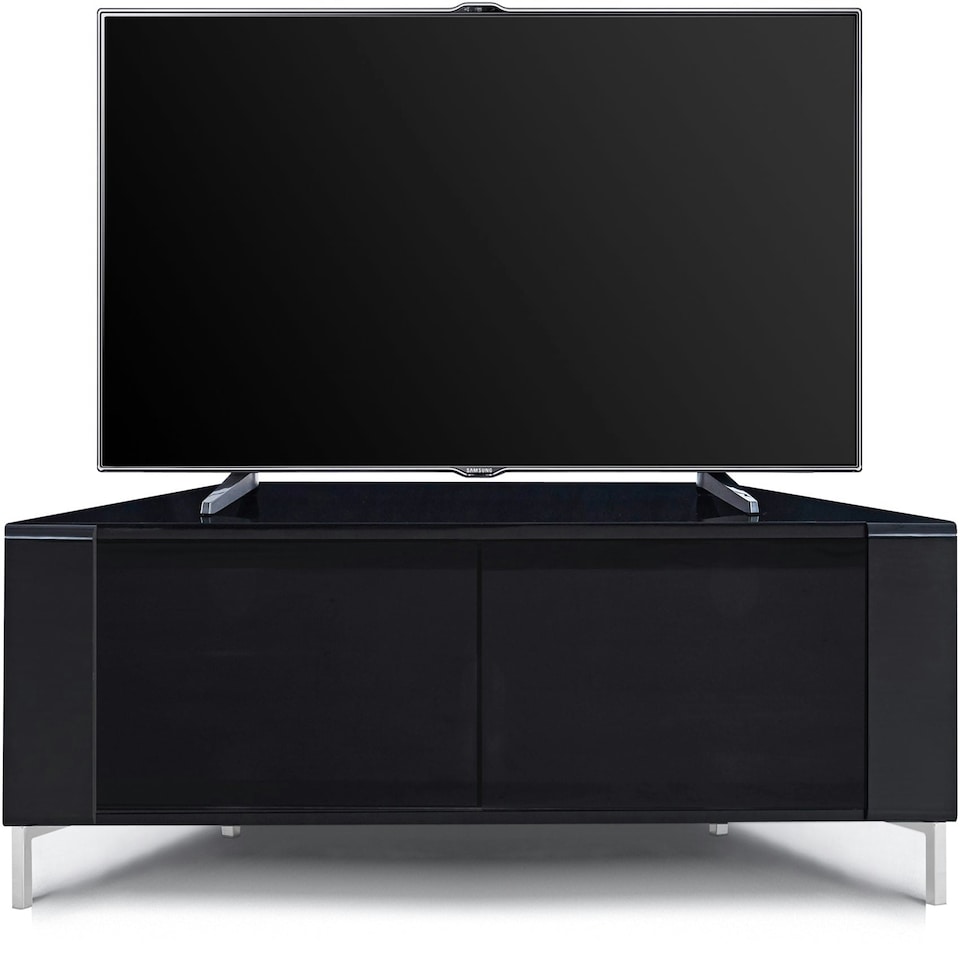 image 1 of MDA Designs CORVUS Corner-Friendly Gloss Black Contemporary Cabinet with BeamThru Glass Doors Modern Space-Saving Stand for Flat Screen TVs up to 50" Black