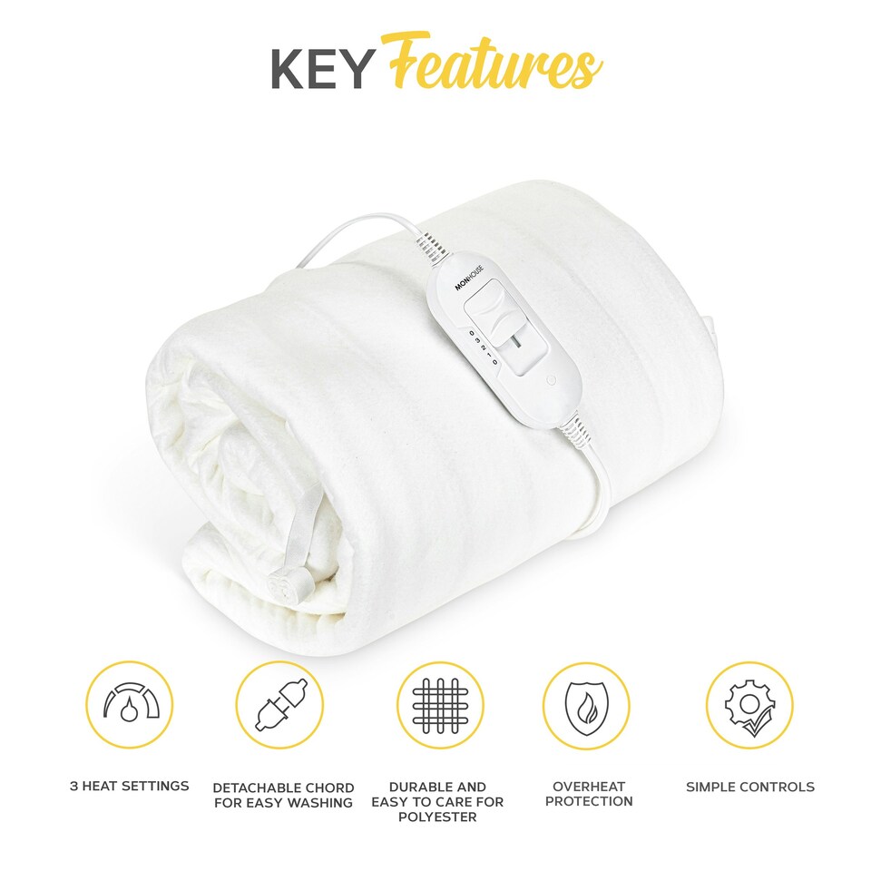 image 1 of MONHOUSE Premium Soft Fleece Electric Blanket - Heated Under Blanket - Detachable Controller & Machine Washable - 3 Heat Settings - King Size 137x165cm - White