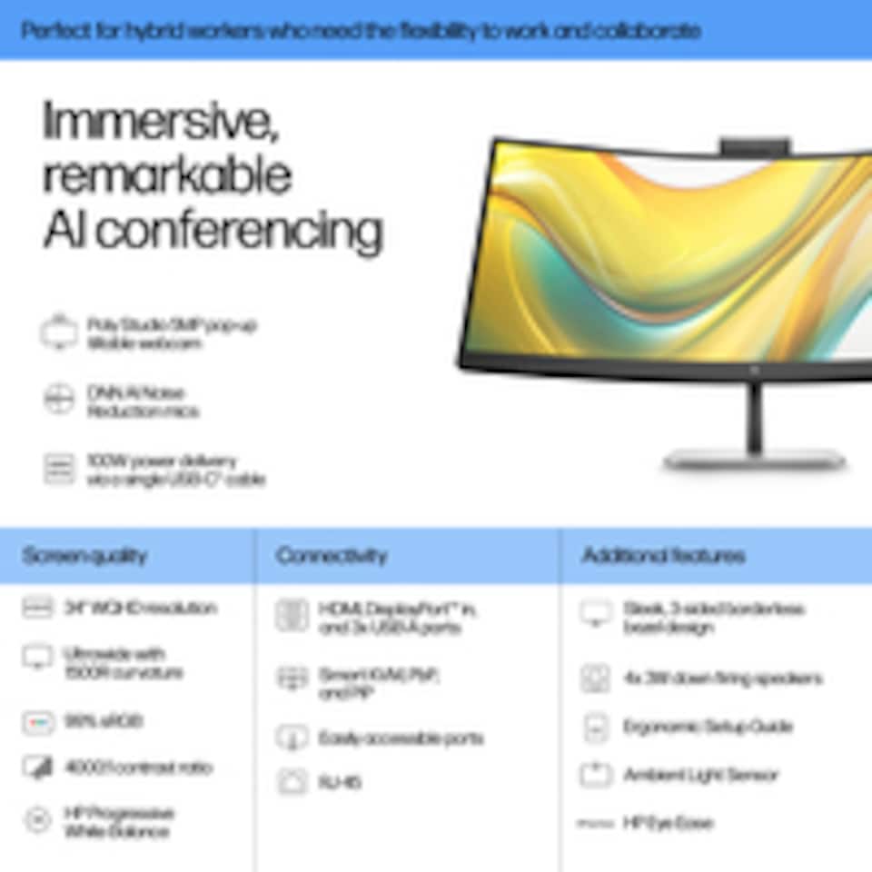 image 1 of HP Series 5 Pro 34 inch WQHD USB-C Conferencing Monitor - 534pm, 86.4 cm (34"), 3440 x 1440 pixels, Wide Quad HD, LCD, 5 ms, Black | Black | Black | 79.7 cm