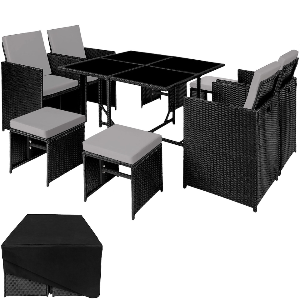 image 1 of Garden Table and Chairs Bilbao - 8 seats, weather and UV-resistant, rain cover | Black | black/grey | 1