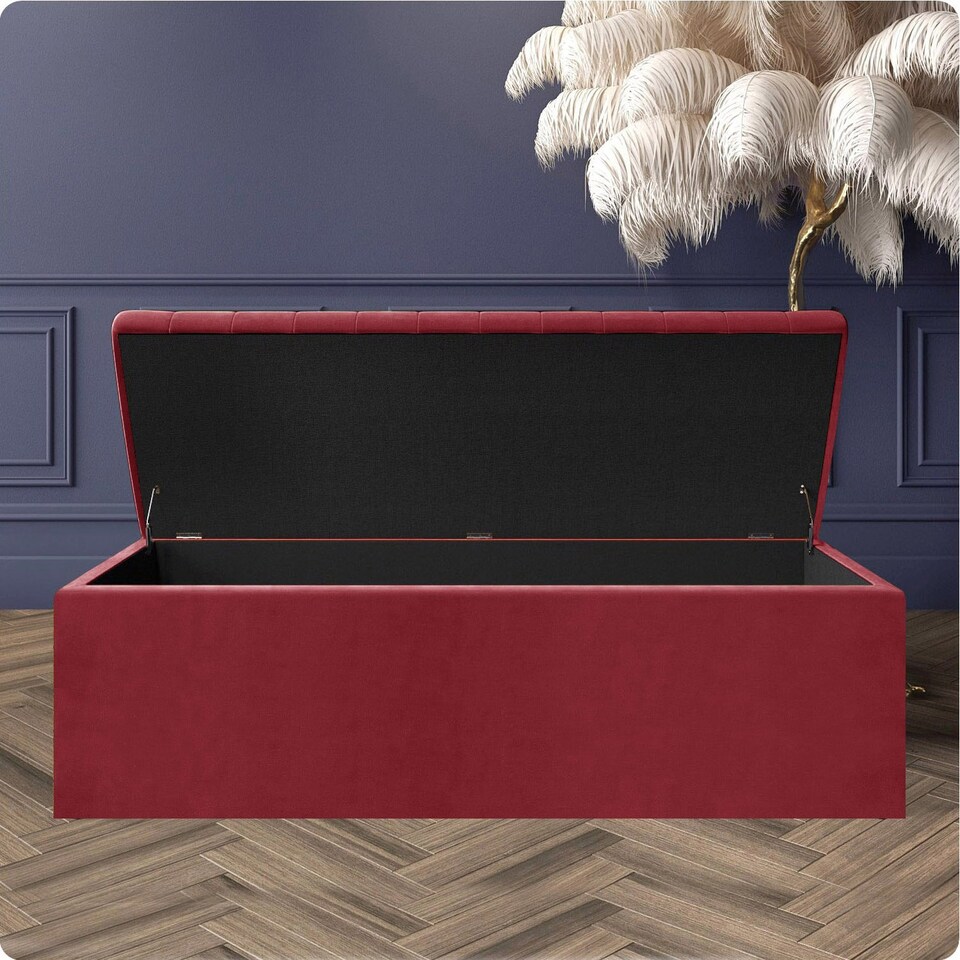 image 1 of 137cm Safar Large Striped Storage Ottoman Box, Red Plush Velvet Upholstered Deep Storage Ottoman End of Bed Bench