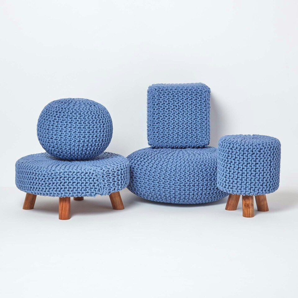 image 1 of Homescapes Blue Tall Cotton Knitted Footstool on Legs