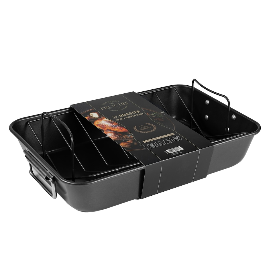 image 1 of ProChef 15" Non-Stick Carbon Steel Roasting Pan with V Rack Heavy-Duty Tray Black | L