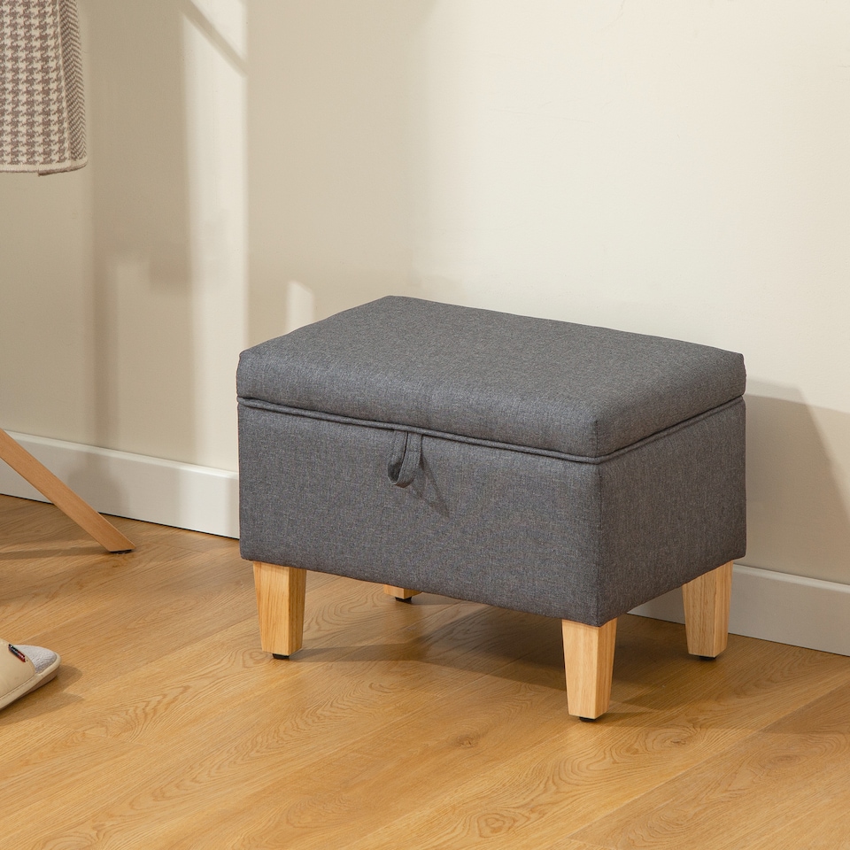 image 1 of HOMCOM Linen Storage Ottoman Storage Box with Rubberwood Legs, Charcoal Grey | Grey
