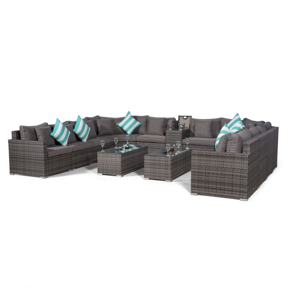 image 1 of Santorini U Shape Modular 10 Seat Rattan Sofa Set With Armrest Drinks Cooler & 2 Drinks Cooler Coffee Tables Grey | Grey