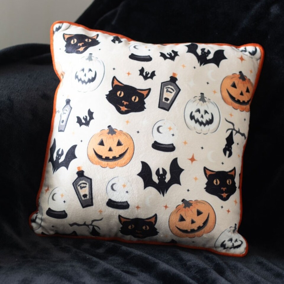 image 1 of Spooky Cat & Pumpkin Cushion