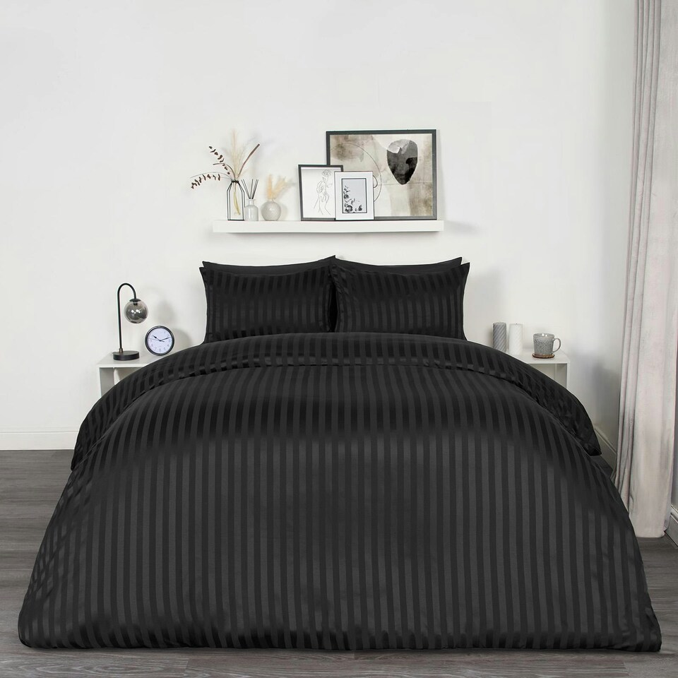 image 1 of OHS Satin Stripe Hotel Quality Duvet Cover and Pillowcase Set, Single - Black