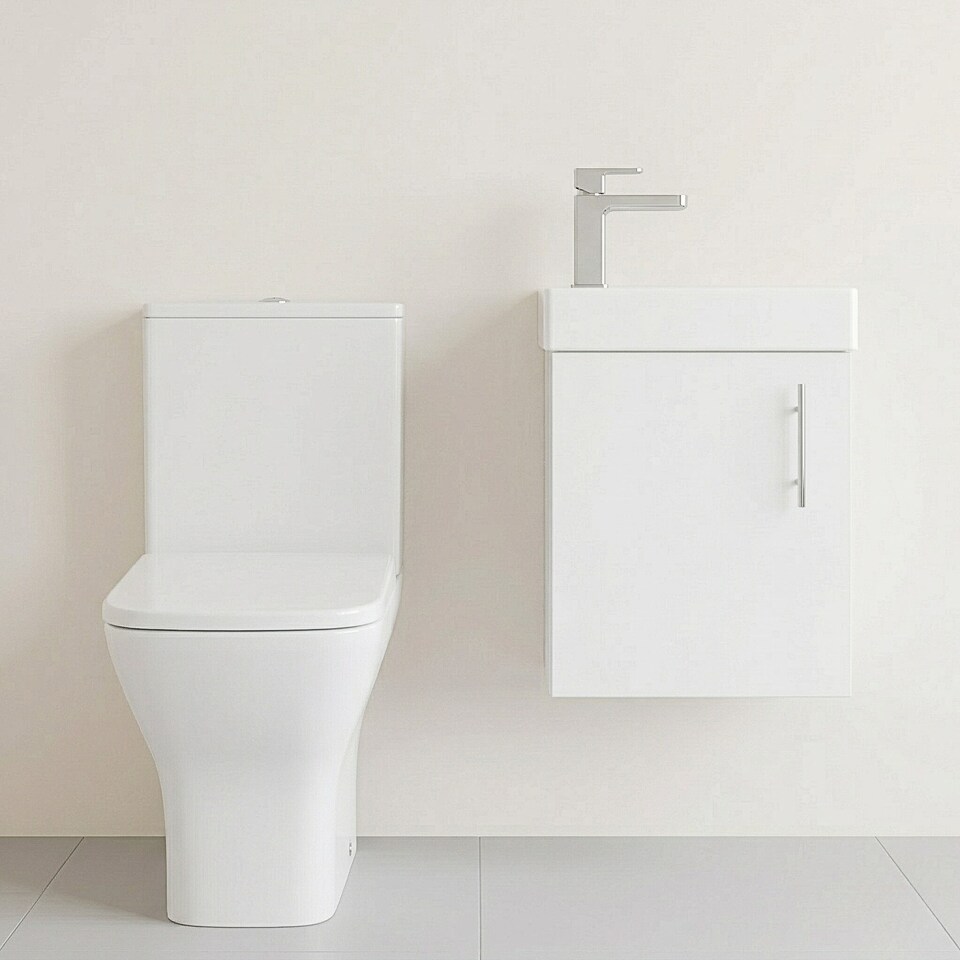 image 1 of Balterley Saint Cloakroom Set - Wall Hung Vanity Basin Unit, Toilet Pan, Cistern, Seat & Mini Basin Tap - Balterley | Green | Gloss White | 438.0000 x 400.0000 x 222.0000mm