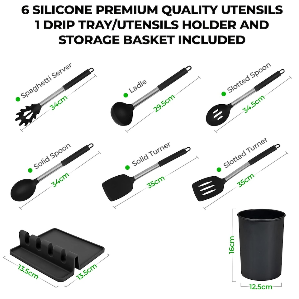 image 1 of 8 Piece Silicone Kitchen Utensil Set with Storage Bucket Black