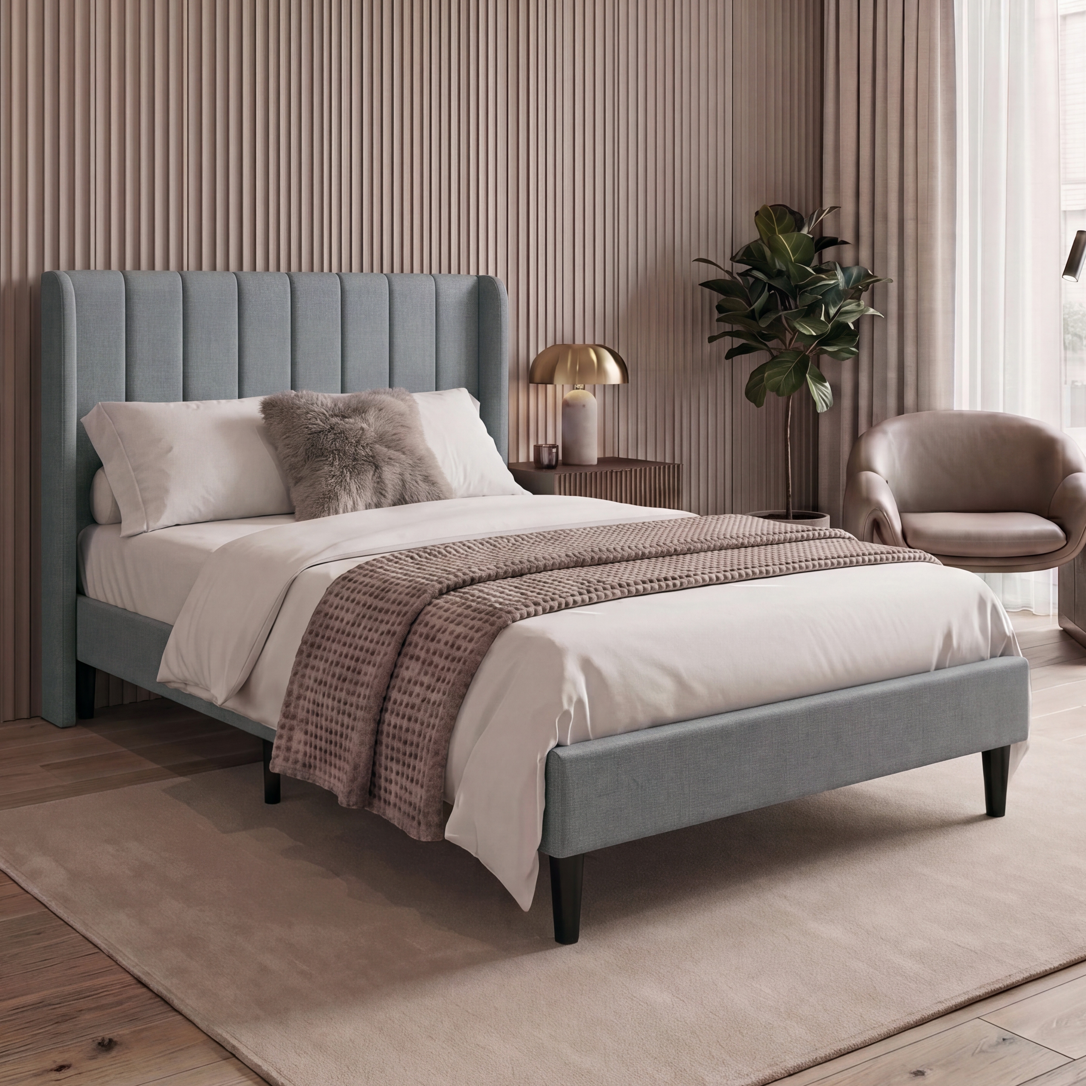 Vida Designs Vianna Light Grey Linen Fabric Bed Frame with Headboard - Double
