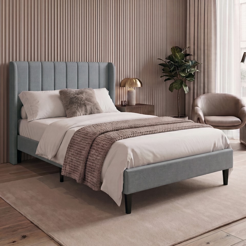 image 1 of Vida Designs Vianna Light Grey Linen Fabric Bed Frame with Headboard - Double