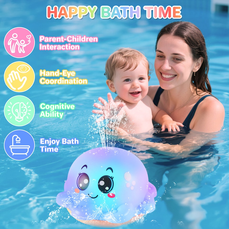 image 1 of Octopus Bath Time Toy for Babies Toddler Light Up Floating Fountain with Spraying Water Multicolour LED Lights (Blue)