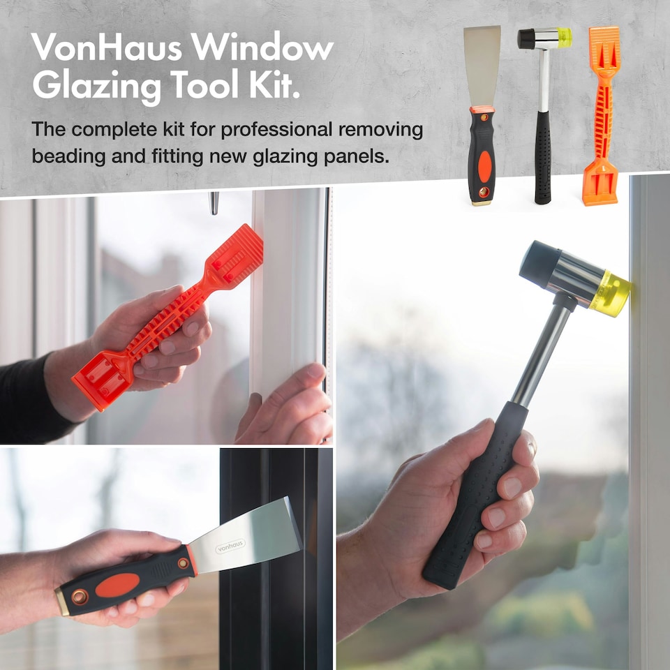 image 1 of Vonhaus 3pcs Window Glazing Tool Kit for Glazing, deglazing & beading