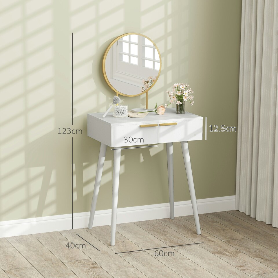 image 1 of HOMCOM Modern Dressing Table w/ 2 Drawers Round Mirror for Bedroom White White