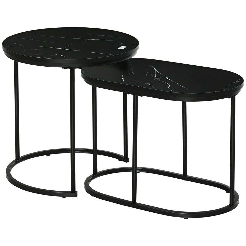 image 1 of HOMCOM 2 Pcs Modern Coffee Table with Faux Marble Side Accent Tables Black