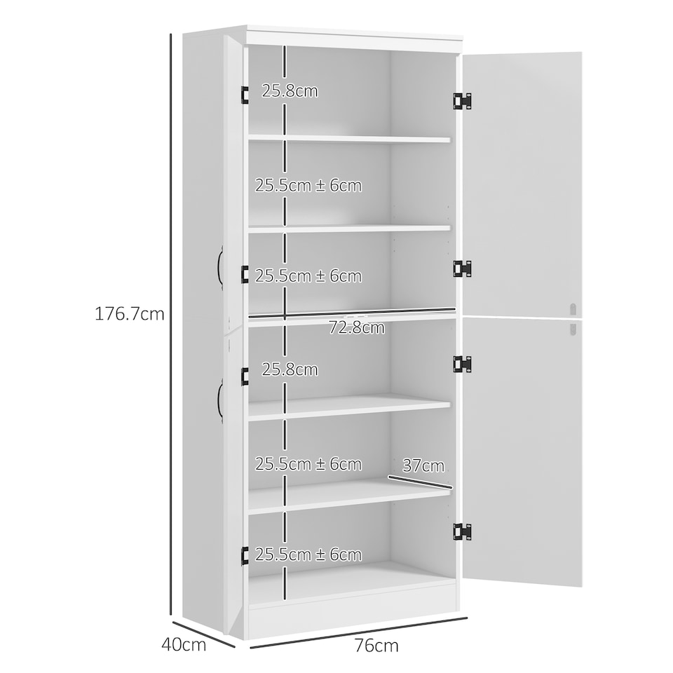 image 1 of HOMCOM 4-Door Tall Kitchen Cupboard, Freestanding 6-Tier Storage Cabinet with 2 Adjustable Shelves for Living Room, Dining Room, White