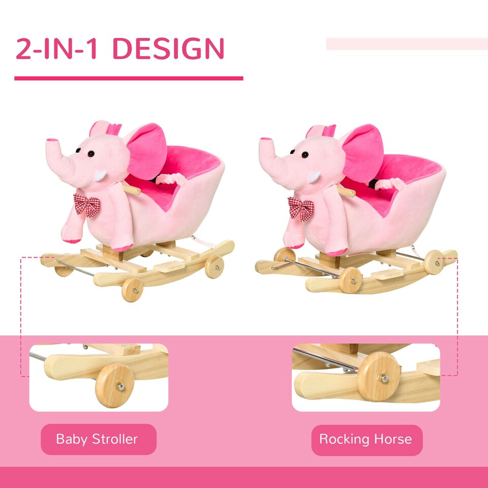 image 1 of HOMCOM 2-in-1 Baby Rocking Horse Ride On Elephant W/ Wheels Music, Pink