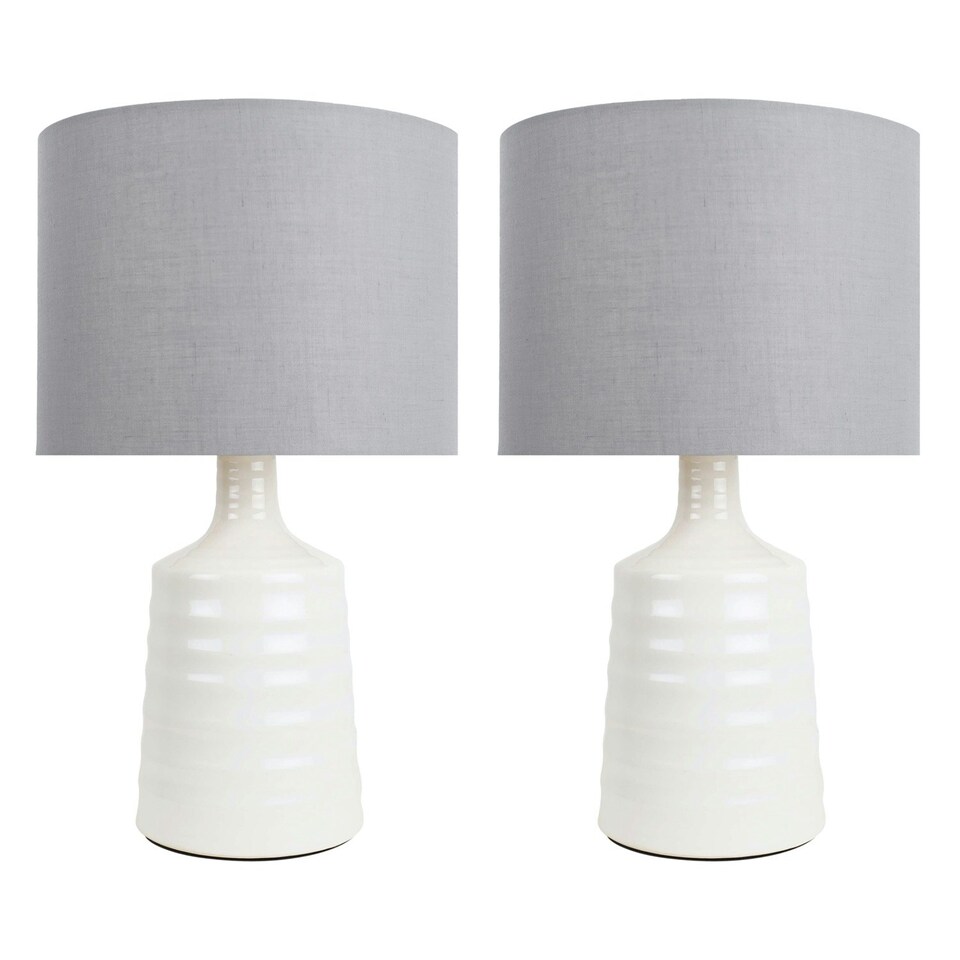 image 1 of Set of 2 Ripple - Off White Ribbed Ceramic Table Lamps with Grey Fabric Shades White | Grey